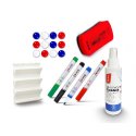 Zestaw 2 do tablic (MZ001): płyn 125 ml, markery 4 kolory, gąbka, uchwyt na markery, magnesy Memobe