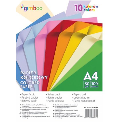 14110215-99 Papier kolorowy GIMBO A4 100 arkuszy 80gms 10 kolorów neonowych mix kolorów