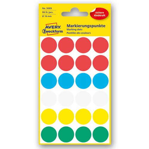 3089 Kółka do zaznaczania kolorowe 96 etyk./op. fi18 mm mix kolorów Avery Zweckform