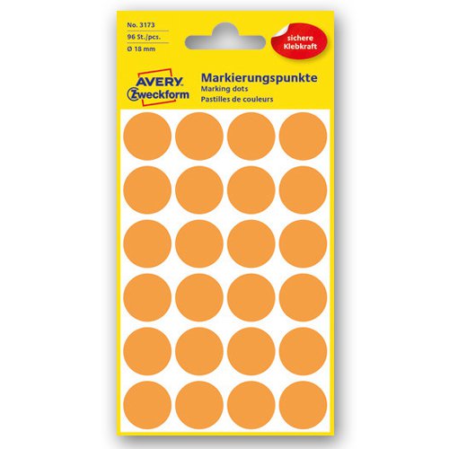 3173 Kółka do zaznaczania kolorowe 96 etyk./op. fi18 mm pomarańczowe odblaskowe Avery Zweckform