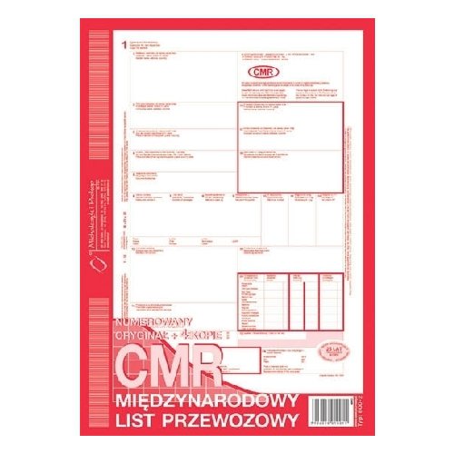 CMR - Międzynarodowy list przewozowy NUMEROWANY A4 oryginał + 4 kopie 80 k, MIP 800-2N