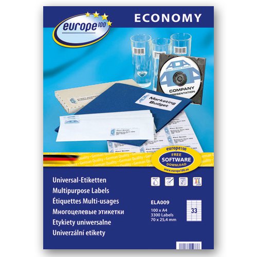 ELA009 Etykiety uniwersalne Economy Europe100 by Avery Zweckform A4 100 ark./op. 70 x 25,4mm białe