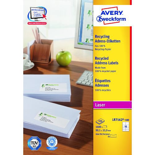 LR7162-100 Recyklingowane etykiety adresowe A4 100 ark./op. 99,1 x 33,9 mm białe Avery Zweckform