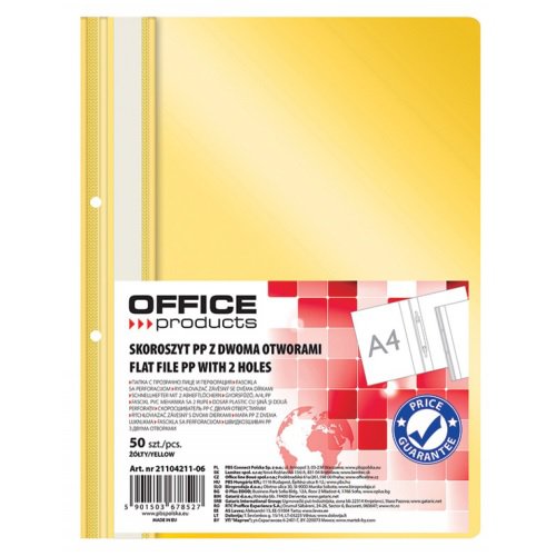 Skoroszyt OFFICE PRODUCTS, PP, A4, 2 otwory, 100/170mikr., wpinany, żółty